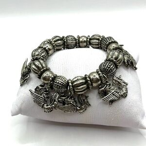 Dragon Charm  Bracelet Stretch MJ Enterprises 80s Dark Silver Tone Vintage 8”